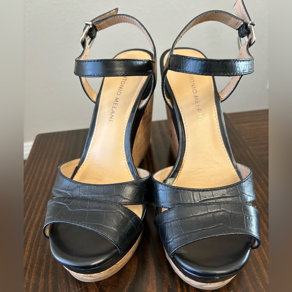 Antonio Melani black leather wedge sandals with ankle strap, size 7.5